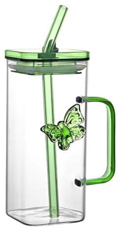 Générique Verre avec Paille, 350ml Verres à Boire Gobelets en Verre avec Couvercles et Poignée, Mug enVerre Transparent, Réutilisables Verres Canette Et Paille Pour Cocktails,Smoothie,Bière,Soda (D)
