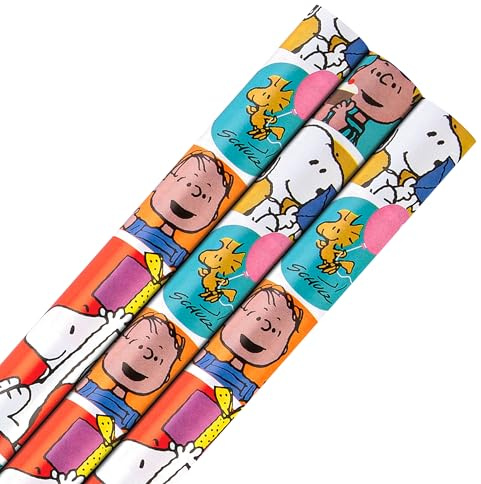 Hallmark 6M Wrapping Paper, Pack of 3, PEANUTS, SNOOPY & WOODSTOCK, 2M Each, Birthday, Christmas, Blue, Red, Yellow