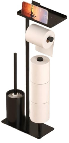 Toilet Brushes & Holders,Free Standing Toilet Roll Holder with Brush and Wipes or Phone Shelf for Wet Wipes,Bathroom Accessories Tissue Holders,Loo Roll Holder Free Standing Holds 4 Rolls (Black)