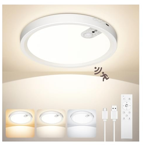 ONEWEST Rechargeable Motion Sensor Ceiling Light with Remote, Cordless 7000mAh Battery Operated Sensor Light Indoor, 3 Colors & 30s/60s/120s Induction Timing for Garage, Shed, Loft, Bedroom, Hallway
