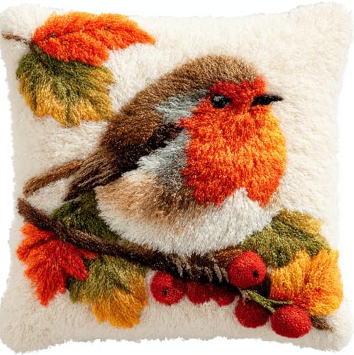 Taxpy RKFLGEW Animal Latch Hook Cushion Kit, Robin On Maple Branch Knitting Kits Cushion, 43X43Cm/17X17 Inch Rug Making Kit for Starters, Latch Hook Kits for Beginners Adults Or