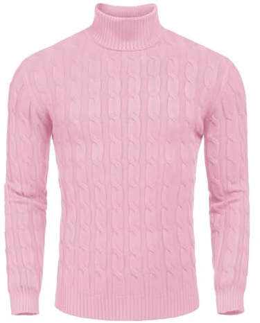 COOFANDY Men's Turtle Neck Jumper Cable Knit Roll Neck Tops Rosa M