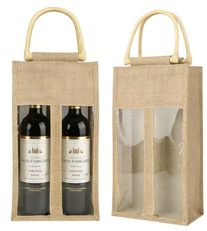 LUPATDY 2 Bolsas de Yute para Botellas, Bolsa Botella Vino con Asa y Ventana, Reutilizable para Vino, para Bodas, Cumpleaños, Fiestas, 17 x 10 x 33 cm