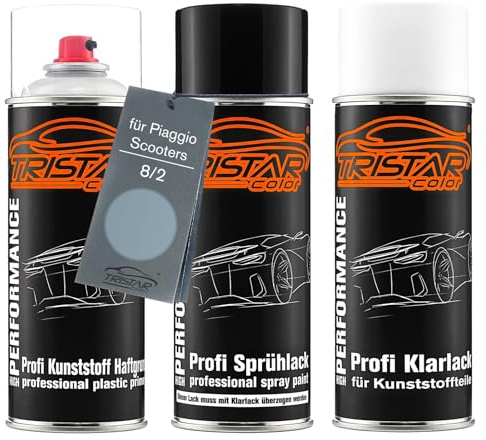 TRISTARcolor Vernice per moto Kit bombolette spray per paraurti di plastica per Piaggio Scooters 8/2 Azzurro Olimpic base adesiva vernice di base vernice trasparente con plastificante