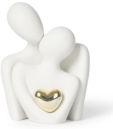 Vicloon Romantische Paar Statue, Moderne Mini Paar Figur mit Goldherz, Weiße Figurine Deko Paar Figur Skulpturen Geschenke für Hochzeit, Abstrakte Liebesstatue Geschenke für Hochzeit, Jahrestag