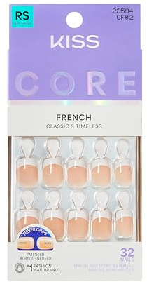 KISS CORE French Tip Press On Nails, ‘If You Dare’, White, Real Short Squoval, 32 Count