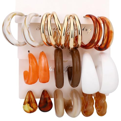 Mikovivi 9 Paar Vintage-Ohrringe aus Acryl für Damen, Leichtes Minimalistisches Set aus Hohlen Creolen Modisches Accessoire und Schmuckgeschenk