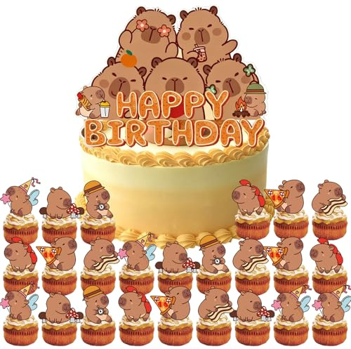 AUNGKWANG 25 Stück Capybara Happy Birthday Tortendeko, Capybara Geburtstags Deko, Cupcake Toppers, Cake Topper, Geburtstagskuchen Deko für Geburtstagsfeiern