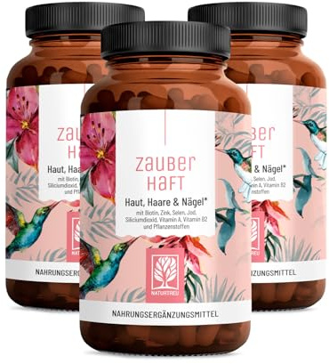 NATURTREU® Haar Vitamine - 451mg Silizium hochdosiert & Biotin Zink Selen | für Haare - Kieselsäure aus Bambus, Kupfer, Iod, Brennnessel und B-Vitamine - 360 Kapseln - Vegan aus Deutschland