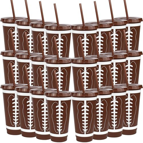 Kaxtde 24 Pack American Football Cups Bulk with Lids and Straws | 710 ml Reusable Plastic Party Tumblers for Game Day Parties, Sports Events and Themed Birthdays