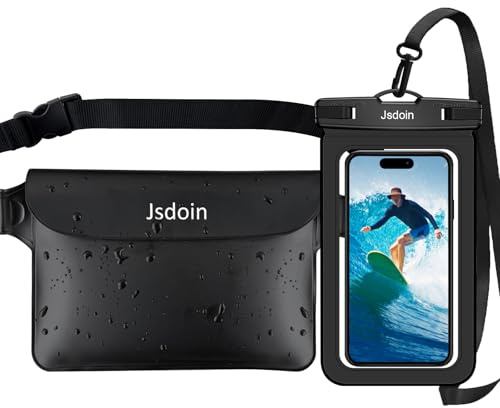Jsdoin wasserdichte Tasche + wasserdichte Handyhülle wasserdichte Bauchtasche mit einstellbarem Band für Wassersport, Schwimmen, Strand, Bootsfahrten - Schwarz
