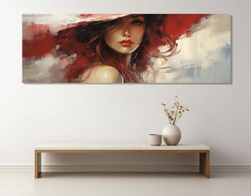 LMYCHENG Frau mit rotem Hut – Expressionistisches Leinwandgemälde, großes abstraktes Wandbild, Frauenporträt-Poster und -Druck, Bild mit roten Lippen (50 x 150 cm/rahmenlos)