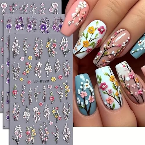3 Fogli Fiori Adesivi Unghie, Adesivis Nail Art per Unghies Fioris, Adesivis per Unghies Floreali, Adesivi per Unghie Floreali, 3D Nail Art Stickers Fiori per Donne Ragazze DIY Manicure (C)