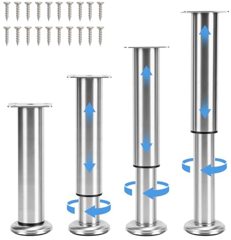 Lot de 4 Pieds de Meuble Reglable en Acier Inoxydable, Pieds de Table Pied de Lit, Pieds Meuble Salle de Bain, Pieds de Meubles pour Meuble TV, Canapé, Chaise, Salle de Bain (18-30CM)