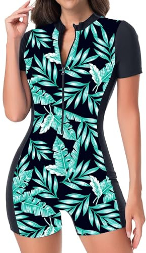 TERODACO Rash Vest Women Short Sleeve Half Zip One Piece Swimming Costume | Built in Bra Swimsuit Ladies UPF50+ Rash Guard Swimwear,Quick Dry Stretchy Breatahble