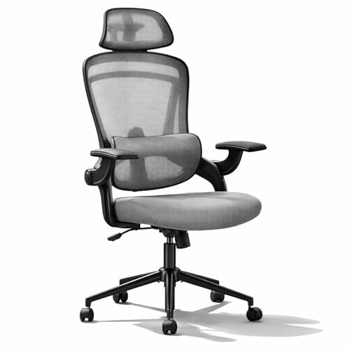DUMOS Bürostuhl Ergonomisch, Schreibtischstuhl mit Kopfstütze, Office Chair 150KG, Bürostühle mit Bequemer Lendenwirbelstütze, Gaming Chair, Drehstuhl, Bürosessel Geeignet für das Homeoffice Grau
