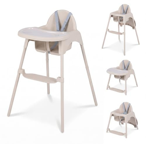 COSTWAY 4 en 1 Chaise Haute Bébé Evolutive, 2 Hauteurs, Plateau Double Amovible Réglable, Chaise Haute Bebe, Harnais de Sécurité 5 Points, Repose-Pieds Réversible, pour 6-36 Mois, Charge 15 kg (Kaki)