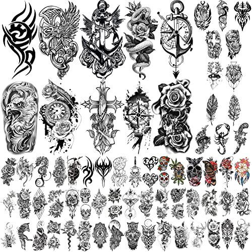 Yazhiji 70 Blatt Wasserdicht Temporäre Tätowierung für Mädchen oder Jungen 10 Blatt Größere Halbarm Rose Schlange Uhr Fake Tattoos für Männer oder Frauen Und 60 Blätter Tiny Bird Flower Tattoo Sticker