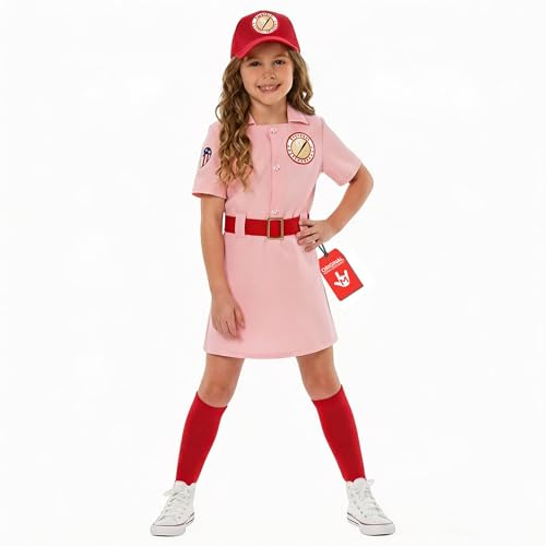 Morph Baseball Kostüm Mädchen, Sportliches Halloween Kostüm | Kleid, Baseballkappe & Socken, Rosa-Rotes Sport-Design, Zum Überziehen, Perfekt für Halloween, Ideal für Rollenspiele