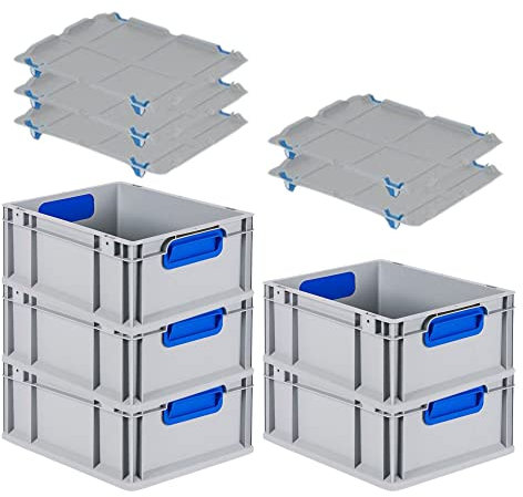 PROREGAL SuperSparSet 5x Eurobox NextGen Color mit Auflagedeckel & Schiebeschnappverschlüsse, HxBxT 17x30x40cm, 16L, Griffe blau geschlossen, Glatter Boden, Eurobehälter Transportbox Transportbehälter