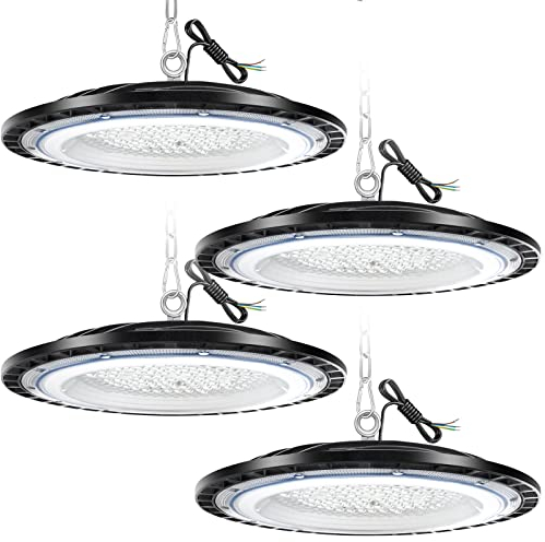 4Pack 100W LED Hallenbeleuchtung UFO Industrielampe Werkstattlampe IP65 Wasserdicht Werkstattleuchte Hallen Strahler Innen-und Außenbereich 6500K LED High Bay für Garagenlampe Warenhaus Fabriken