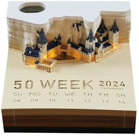 3D Magic Castle Schreibtischkalender mit Lichtern, 2024 Abreißkalender Memo Pad Papierkunst, 3D Notizblock Papier Schnitzen Skulptur Desktop Dekoration Geschenk (Batterie erforderlich) (B)