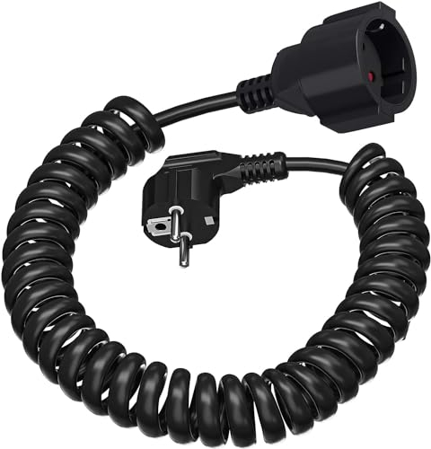 Cavo di prolunga Schuko, 3 m, con contatto di protezione, cavo a spirale (230 V/16 A) estensibile da 0,9 m fino a 3 m Max, cavo di prolunga in PVC per ufficio, cucina, soggiorno, nero