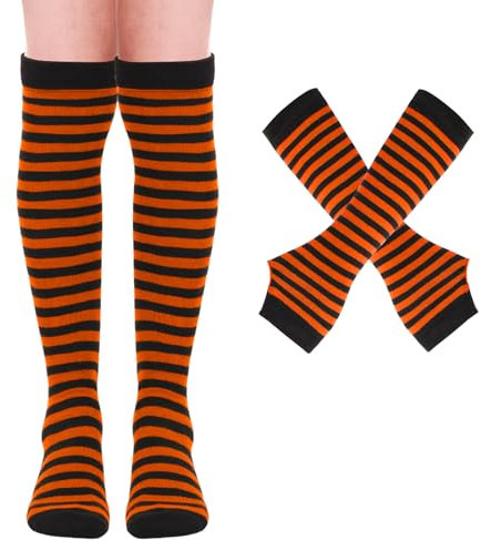 Mayoii Thigh High Socks Long Fingerless Gloves Set, Over Knee High Socks for Women Girls Arm Leg Warmer, Striped Knee High Stocking Long Socks Halloween Christmas Costumes Accessories