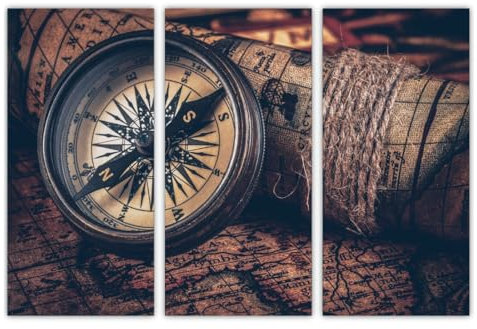 AREDE 3er Set Wandkunst Gemälde Bild Poster Vintage Kompass | 90 x 60 cm | Wandbilder Wanddekoration Home Office Wohnzimmer Schlafzimmer Dekoration | Fertig zum Aufhängen