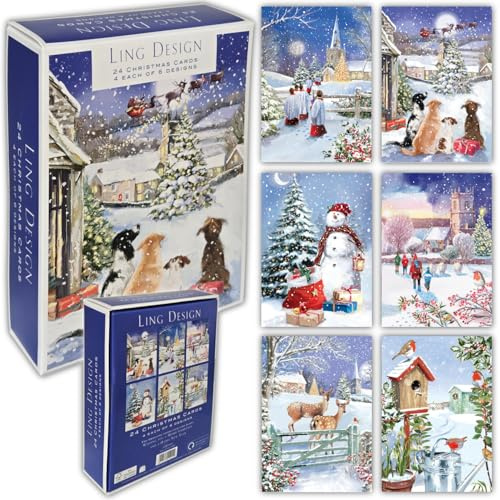 Ling design Premium Box of 24 Assorted Christmas and Happy New year Cards - 4 Each of 6 Designs - Great British Card Company (Snowy Scenes)