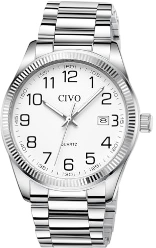 CIVO Leicht Lesbar Uhren Herren: Silber Edelstahl Analog Große Ziffern | Wasserdicht Quarz Herrenuhr mit Leuchtzeiger Datum - Alltagsuhr für den Business-Mann - Geschenk für Senioren mit Sehschwäche
