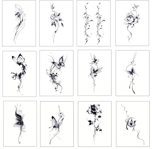 Tatouage Ephemere Femme Papillon et Fleurs - 12 Tatouages Adhésifs pour Adultes - Tatouages Imperméables - Tatouages Temporaires Noir - Coloration après 24 à 72 heures