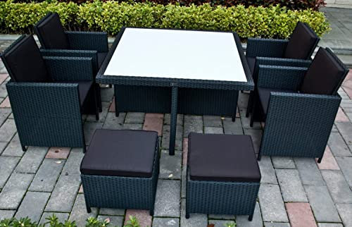 Ragnarök-Möbeldesign PolyRattan - DEUTSCHE Marke - EIGNENE Produktion - 8 Jahre GARANTIE auf UV-Beständigkeit Gartenmöbel Essgruppe Tisch + 4 Stühle & 4 Hocker 12 Polster Schwarz…