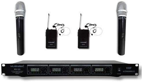 4-Channel Professional VHF Handheld & Lapel / Lavalier Headset Wireless Microphone System