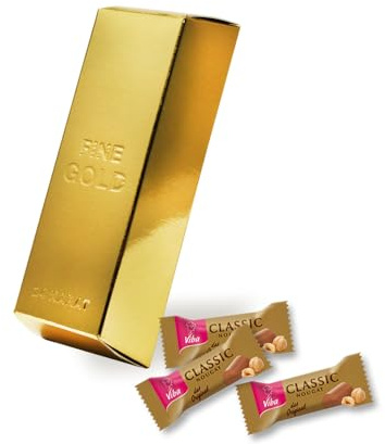 Viba Goldbarren mit Classic Nougat Minis 60 g | 6 einzeln verpackte Haselnussnougat Pralinen | Geschenkidee in Goldbarren Verpackung