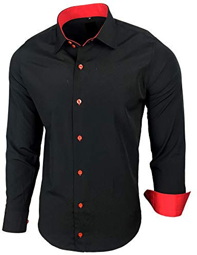 Baxboy Herren-Hemd Slim-Fit Bügelleicht Für Anzug, Business, Hochzeit, Freizeit - Langarm Hemden für Männer Langarmhemd R-44, Farbe:Schwarz/Rot, Größe:4XL