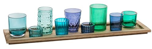 Creative Co-Op Wood Tray with 9 Blue & Green Glass Votive Holders (Set of 10 Bandeja de Madera con 9 portavelas de Cristal Azul y Verde (Juego de 10 Piezas), 5.5 Inches
