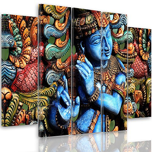 Feeby Frames, Quadro multipannello di 5 Pannelli, Quadro su Tela, Stampa Artistica, Canvas Tipo B, 100x150 cm, Statua, Buddha, Zen, India, Oriente, Multicolor