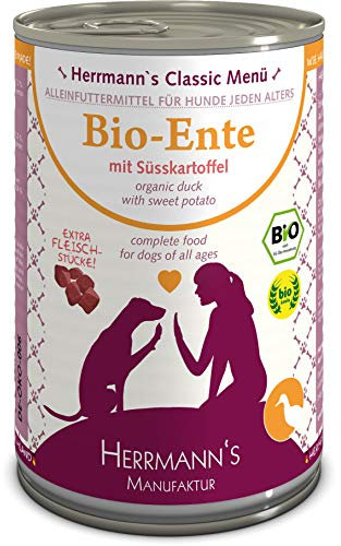 Herrmanns Bio Hundefutter Ente Menu 1 mit Süßkartoffel, Kürbis, Nachtkerzenoel 400 g, 12er Pack (12 x 400 g)