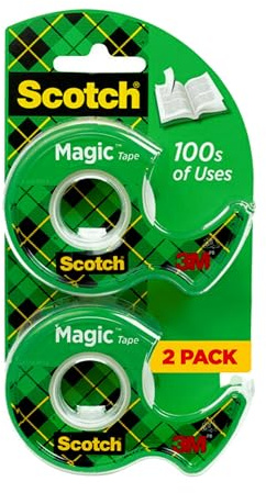 Scotch Magic Tape, Invisible, Repair Christmas Cards and Use as Holiday Gift Wrap Supplies for Christmas, 2 Tape Rolls with Dispensers