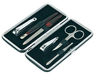 Manikürset Elegant Schwarz: Nagelschere, Nagelfeile, Pinzette, Nagelschaber, Nagelknipser im Etui mit Seitknopfverschluss