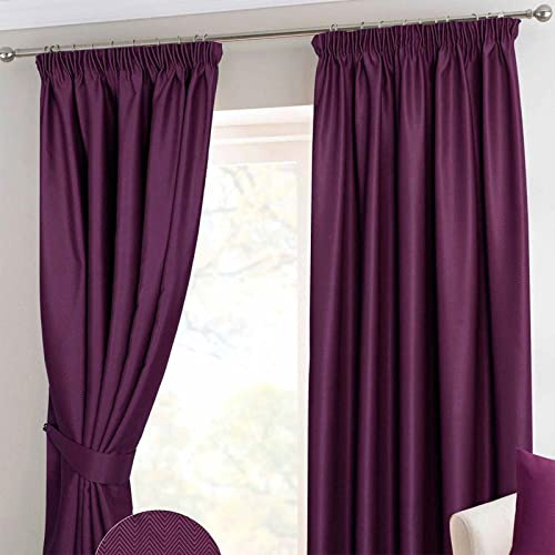 HOMESCAPES Aubergine Pencil Pleat Blackout Thermal Curtain Pair Width 117cm (46) x 228cm (90) Drop Herringbone Chevron Textured Retro Geometric Design. FREE SWATCHES.
