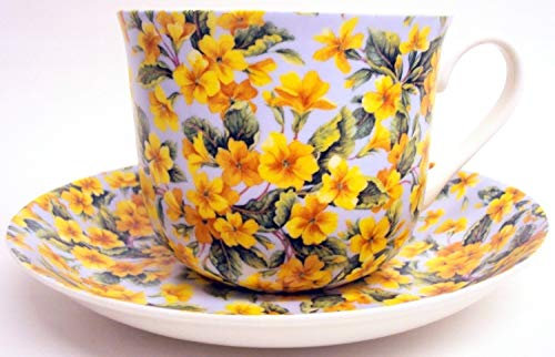Primrose Breakfast Cup & Saucer Fine Bone China Large Flowers Cup & Saucer Hand Decorated in The U.K. Free UK Delivery
