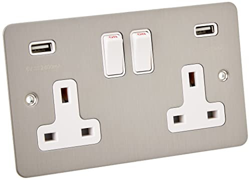 AET USBFSC2GSOCWH Satin Chrome Flat 2 Gang w Charging Ports White Insert Plastic Rocker Switches-13 Amp Double Plug Socket & Dual USB Power Outlet