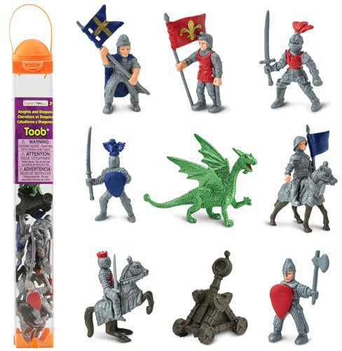Safari Ltd. Ritter & Drachen Toob - Set mit 10 Miniaturfiguren: Rote & Blaue Königsritter, Katapult und Grüner Drache - Geschichts-Lernspielzeugfiguren für Jungen, Mädchen & Kinder ab 3 Jahren