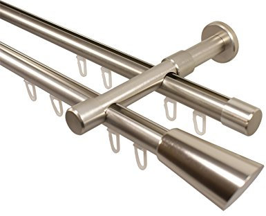 iso-design Innenlaufstange 2-läufig 20 mm Durchmesser Farbe Edelstahl zur Wandmontage Gardinenstange inklusive Gleitern, Wandhaltern und Endstück Digo, 180 cm