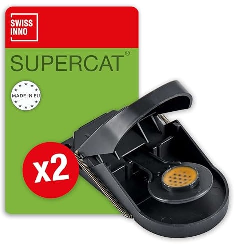 SWISSINNO Mausefalle SuperCat - Effizient + Wiederverwendbar mit Erdnussbutter-Köder - Sofortiges Fangen + Töten - Verwendung im Innen- und Außenbereich - 2 Fallen