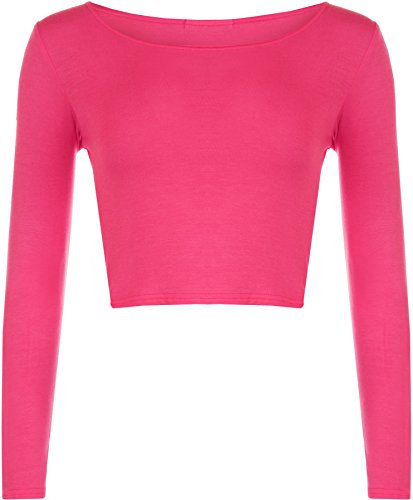 Womens Crop Long Sleeve T Shirt Ladies Short Plain Round Neck Top - Cerise - 8/10