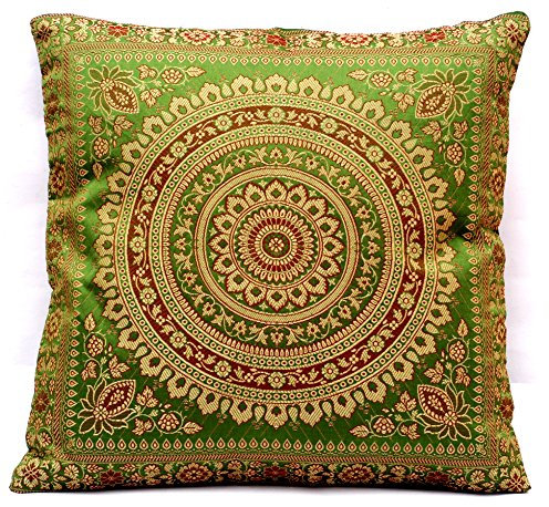 Kashmir Handicrafts Indische Banarasi Seide froschgrün Deko Kissenbezüge 40 cm x 40 cm, Extravaganten Design für Sofa & Bett Dekokissen, Kissenhülle aus Indien (Angebot gültig nur für EIN Woche)