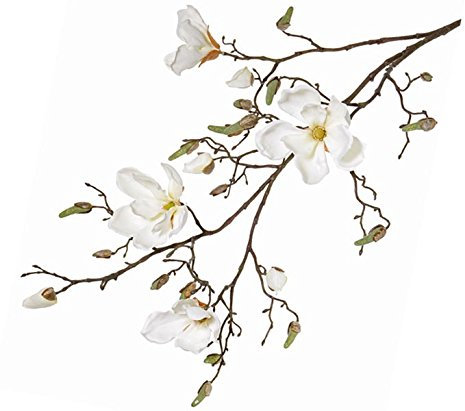 Künstlicher Zweig Deko Magnolien, 4 Blüten weiß, Höhe 107cm - Blühender Magnolienzweig Dekozweig mit Knospen